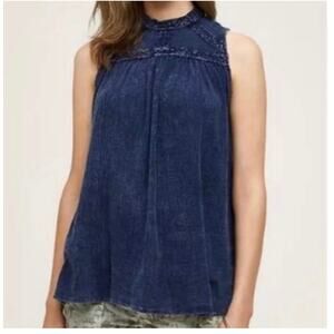 Anthropologie Eri + Ali Sweetbriar Navy Blue Embroidered Tunic Tank Blouse M